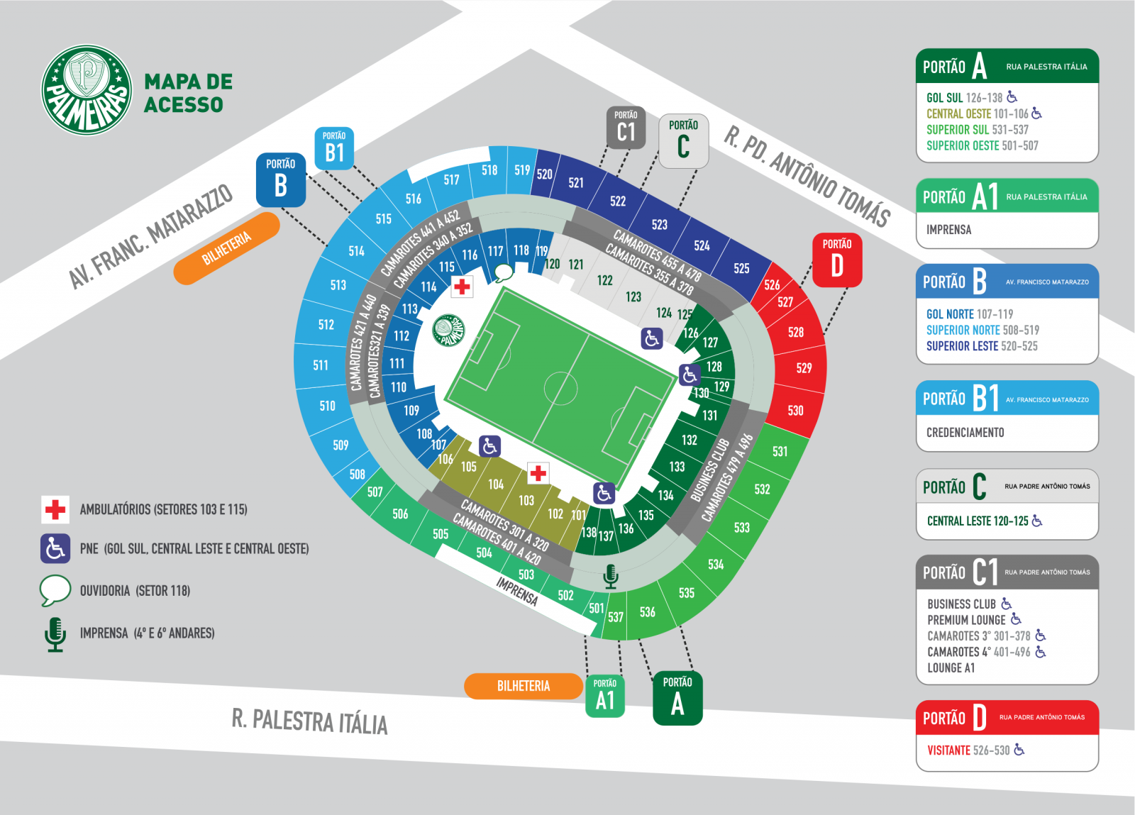 Mapa de acesso ao Allianz Parque para Palmeiras x Deportivo Pereira. Foto: Reprodução/SE Palmeiras