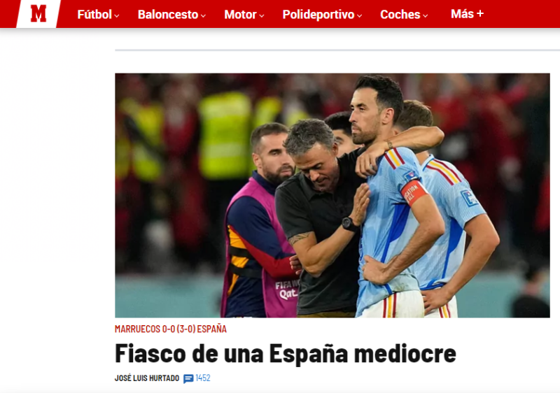 Manchete do jornal Marca sobre eliminação da Espanha na Copa do Mundo 2022