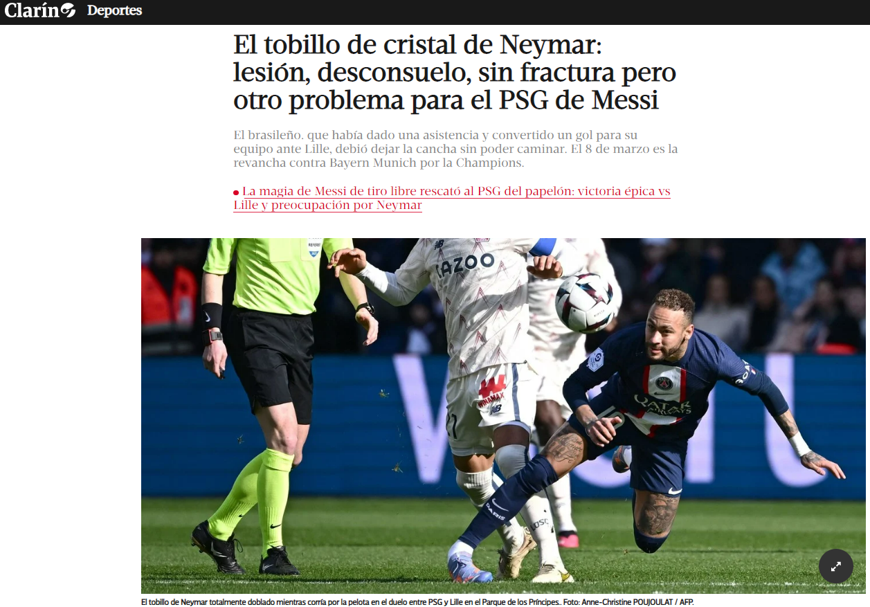 Jornal argentino Clarin traz notícia falando de "tornozelo de vidro" do atleta. Foto: Reprodução