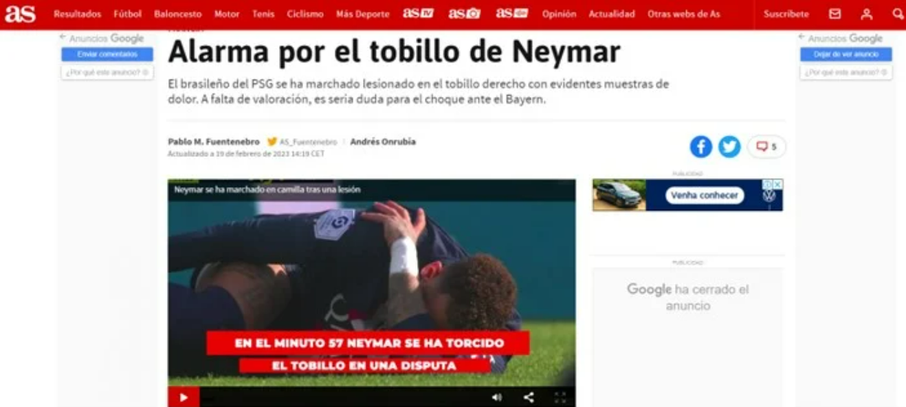 O espanhol AS traz a notícia destacando como a lesão do camisa 10 foi alarmante. Foto: Reprodução