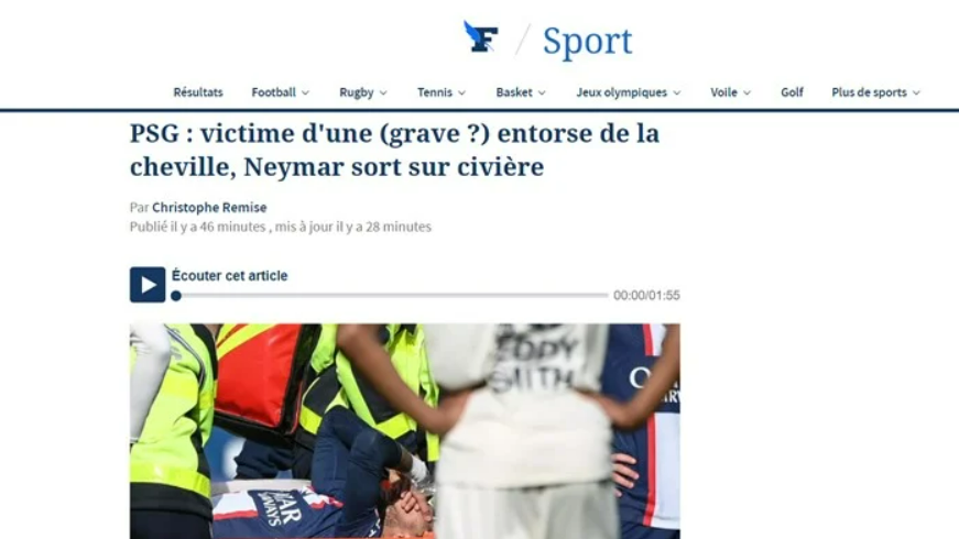 O francês Le Figaro falou sobre a lesão e destacou que o brasileiro deixou o campo numa maca. Foto: Reprodução