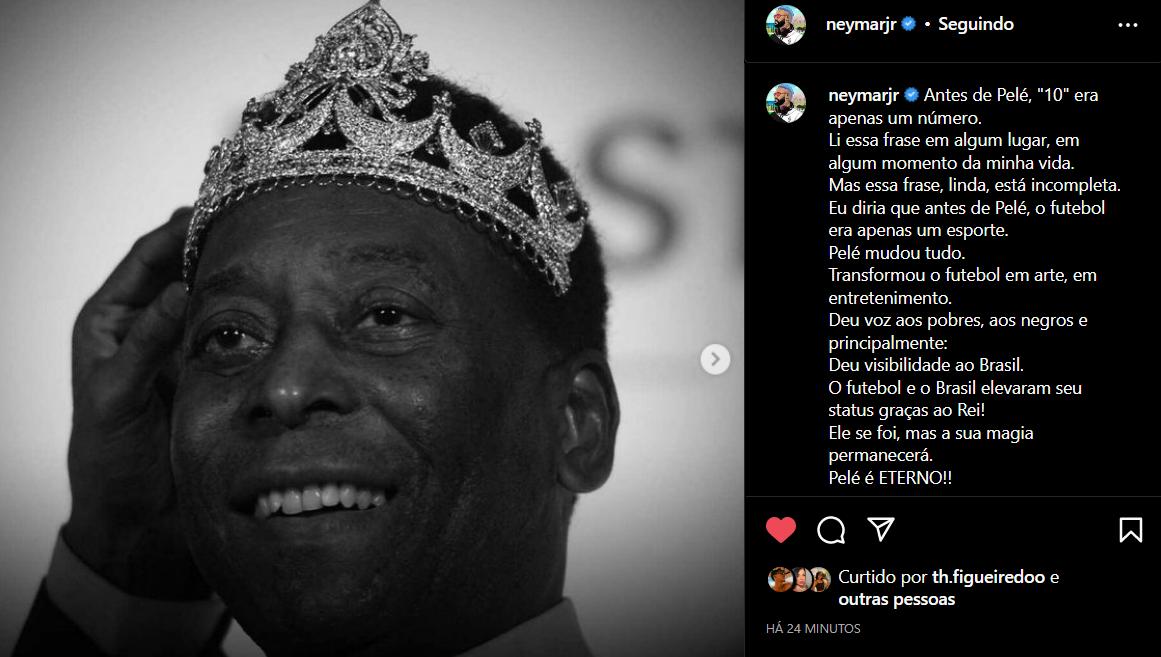 Neymar prestou uma homenagem a Pelé em suas redes sociais. Foto: Reprodução/Instagram