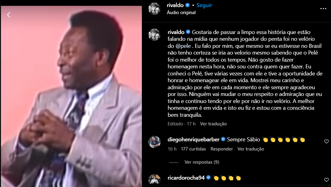 Rivaldo explicou o motivo de não ter comparecido ao velório de Pelé em suas redes sociais. Foto: Reprodução/Instagram