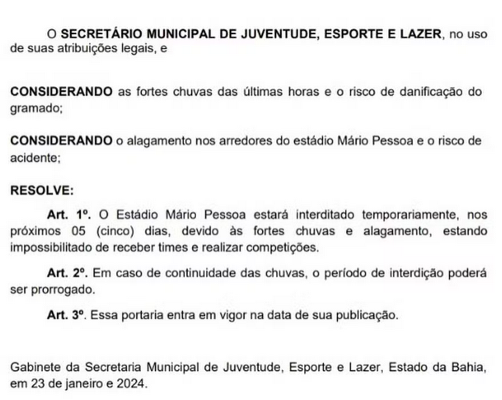Prefeitura de Ilhéus publica portaria interditando o Estádio Mário Pessoa. Foto: Reprodução/Prefeitura de Ilhéus
