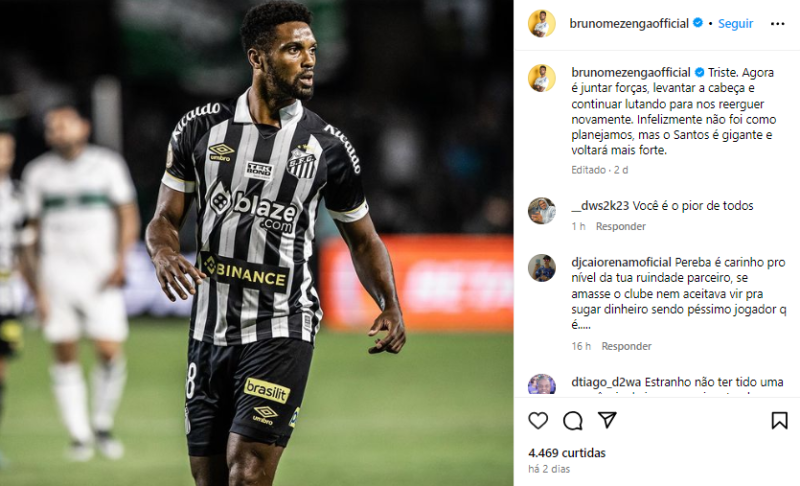 Postagem de Bruno Mezenga após rebaixamento do Santos