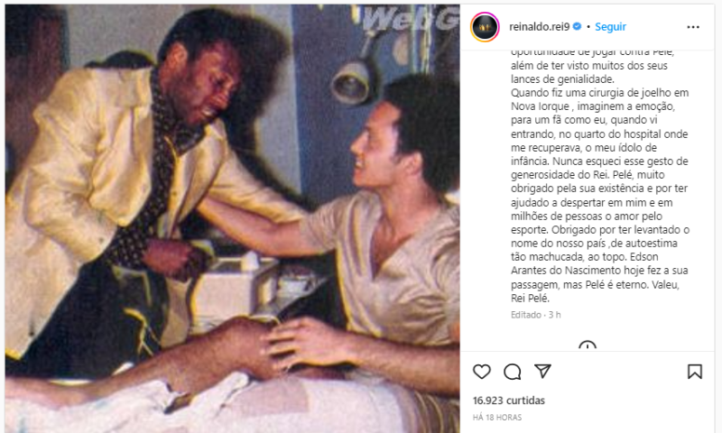 Publicação de Reinaldo em homenagem a Pelé