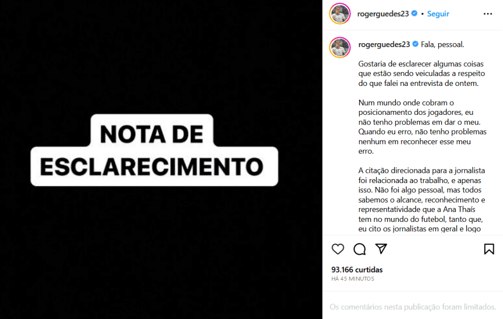 Róger Guedes se pronuncia sobre fala direcionada à jornalista Ana Thaís Matos. Foto: Reprodução/Instagram