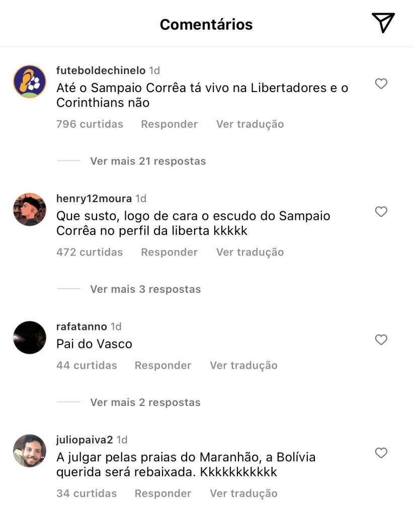Internautas comentam publicação sobre Sampaio Corrêa na Libertadores. Foto: Reprodução/Instagram