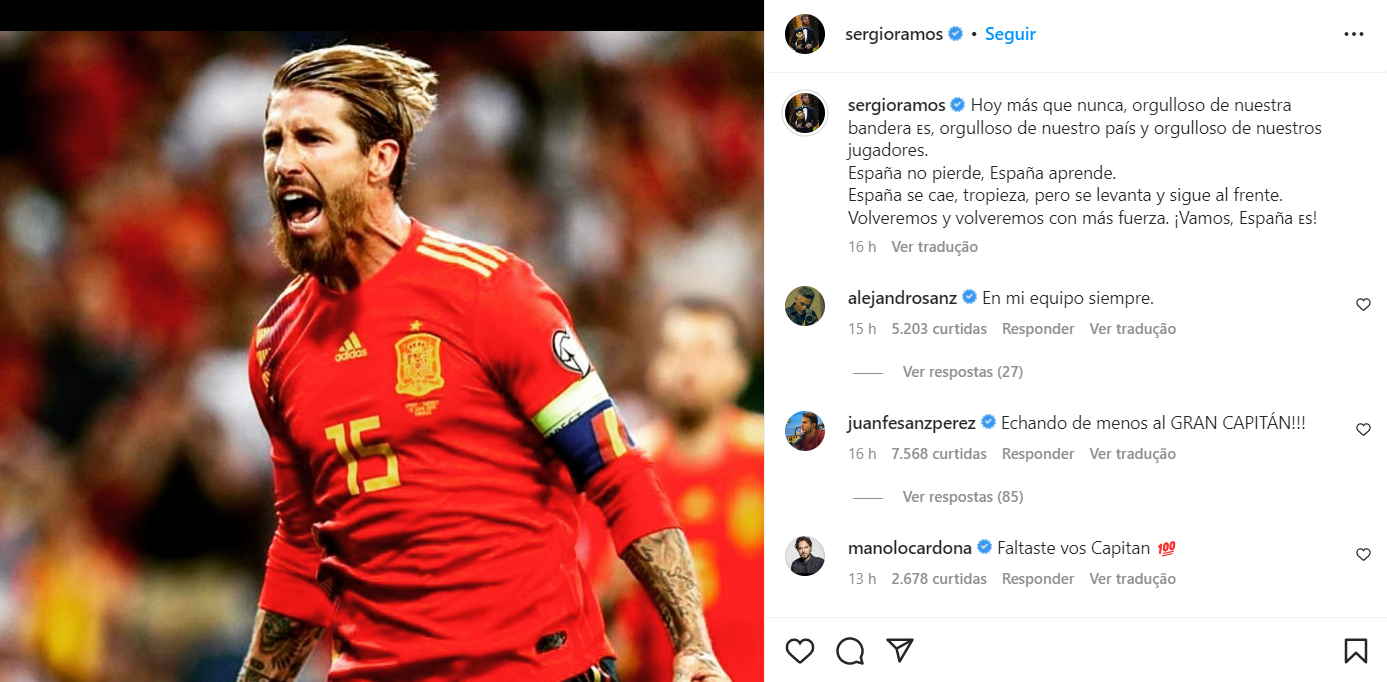 Sergio Ramos disse estar orgulhoso da Espanha. Foto: Reprodução/Instagram