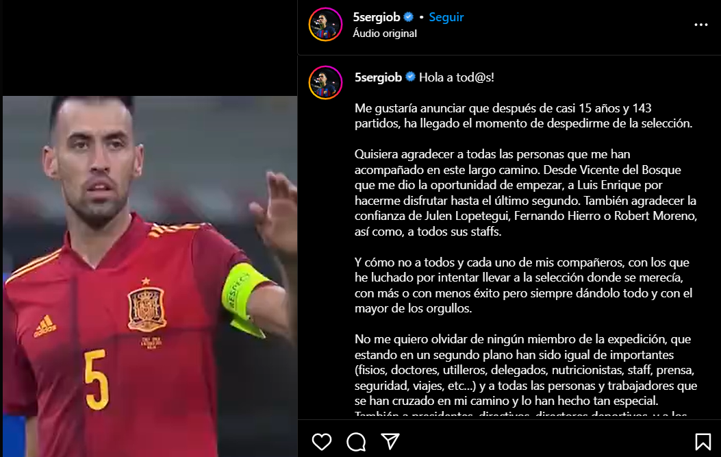 Sergio Busquets anunciou que não irá mais representar a seleção espanhola. Foto: Reprodução/Instagram