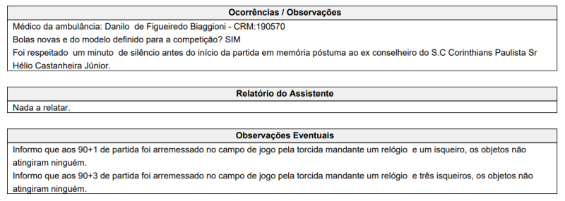 Súmula de Corinthians x Mirassol, pelas quartas de final do Paulistão 2025