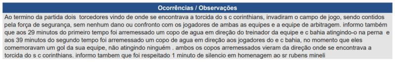 Súmula de Corinthians x Bahia