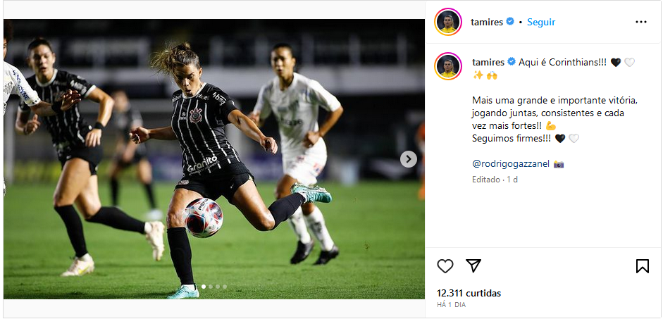 Tamires Dias durante o jogo contra o Santos, na quinta (1º). Foto: Reprodução/Instagram