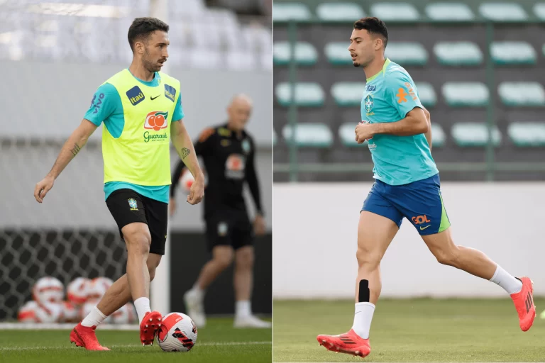 Léo Ortiz (Flamengo) e Gabriel Martinelli (Arsenal), pela seleção brasileira. Fotos: Lucas Figueiredo/CBF e Rafael Ribeiro/CBF