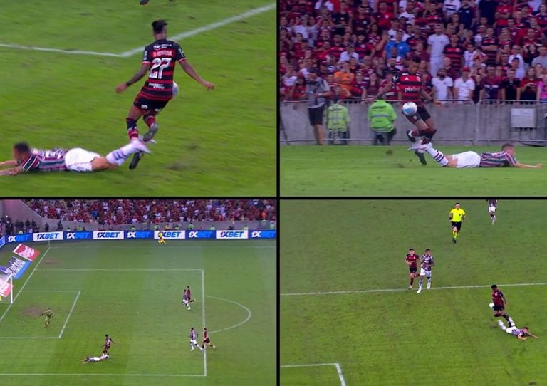 Câmeras mostram o pênalti assinalado em Fluminense x Flamengo, no Maracanã. (Foto: Reprodução)