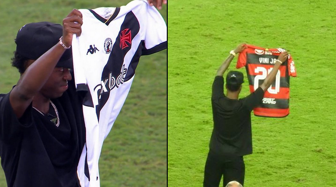 Vini Jr é homenageado por Vasco e Flamengo durante Clássico dos Milhões. Foto: Reprodução/Premiere