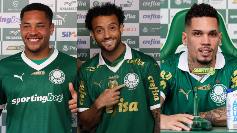 Vitor Roque, Felipe Anderson e Paulinho, jogadores do Palmeiras durante suas apresentações no clube. Fotos: Cesar Greco e Fabio Menotti/Palmeiras