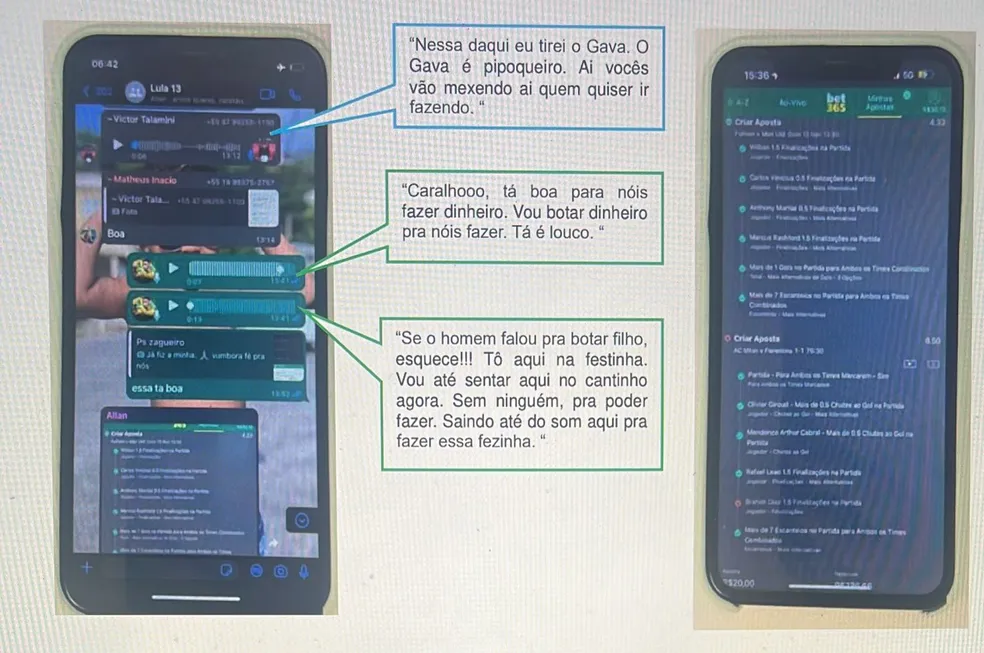 Conversas no celular de Mateusinho, do Cuiabá, envolvido em esquema de manipulação em jogos das Séries A e B. Foto: Reprodução/MP-GO