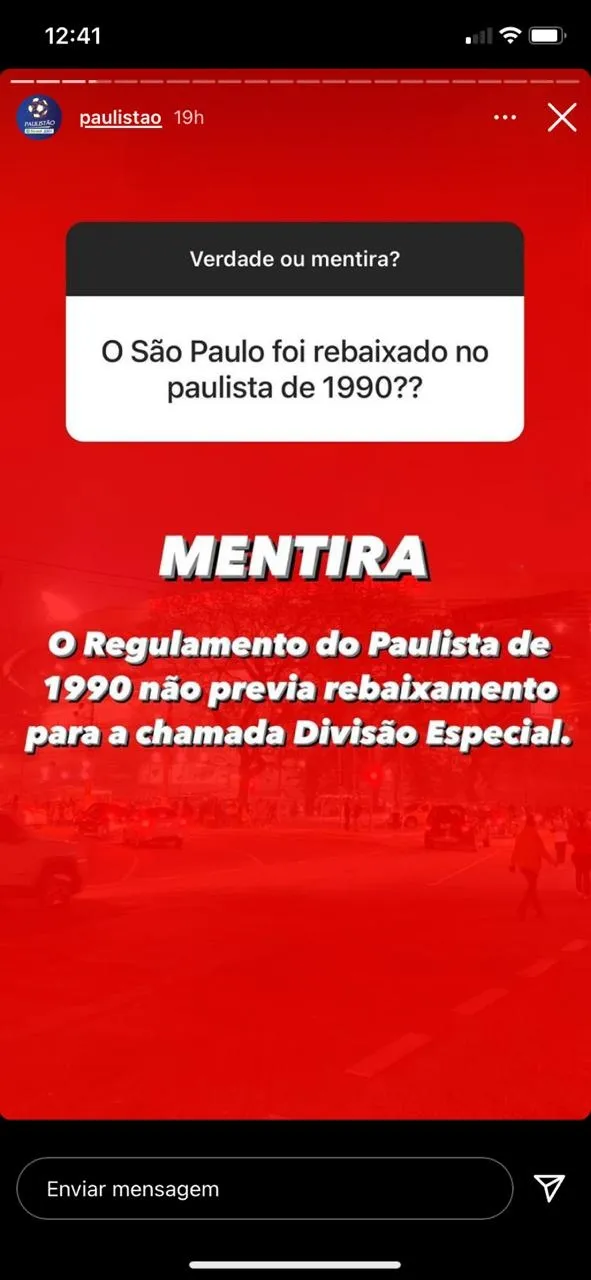 Perfil do Paulistão responde pergunta sobre rebaixamento do São Paulo. Foto: Reprodução/Instagram do Paulistão