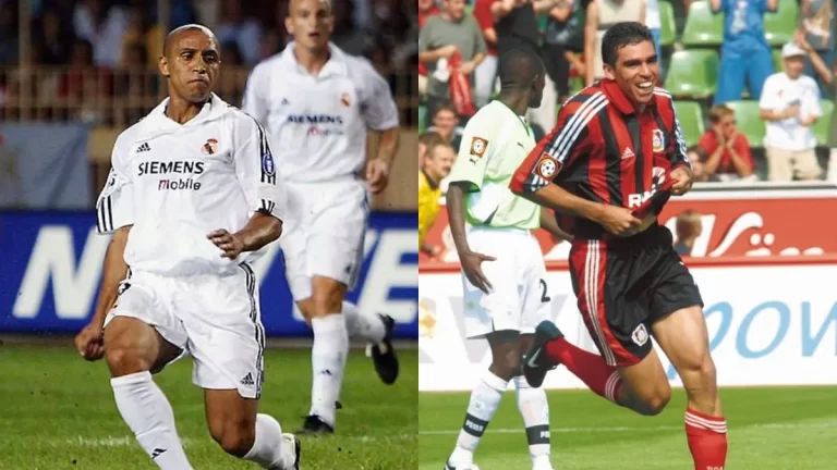 Roberto Carlos y Lúcio, futbolistas brasileños presentes en la final de la UCL de 2002 entre el Real Madrid y Bayer Leverkusen