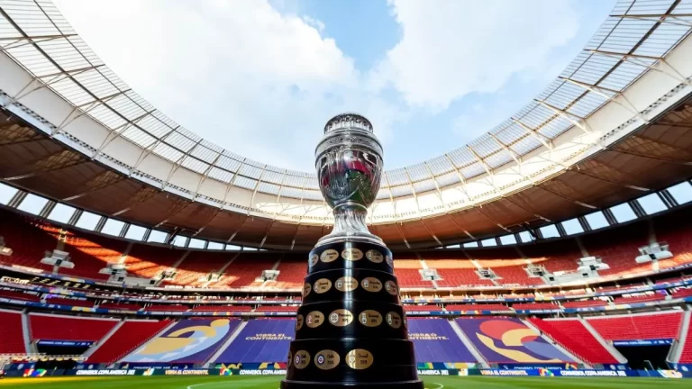 El trofeo de la Copa América de 2021 en el césped del Estadio Maracaná