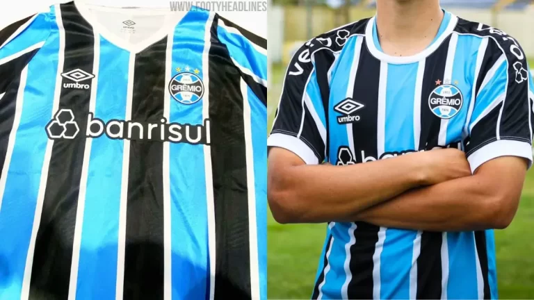 La nueva camiseta de Grêmio, filtrada por Footy Headlines y la camiseta actual del equipo tricolor