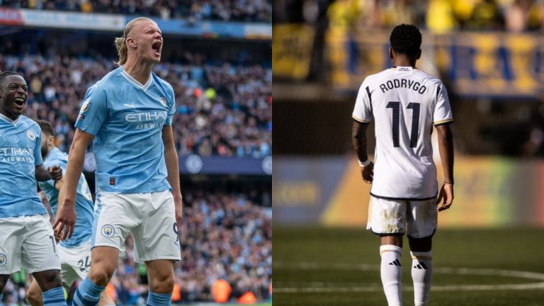 Erling Haaland, delantero noruego del Manchester City y Rodrygo Goes, ariete brasileño del Real Madrid