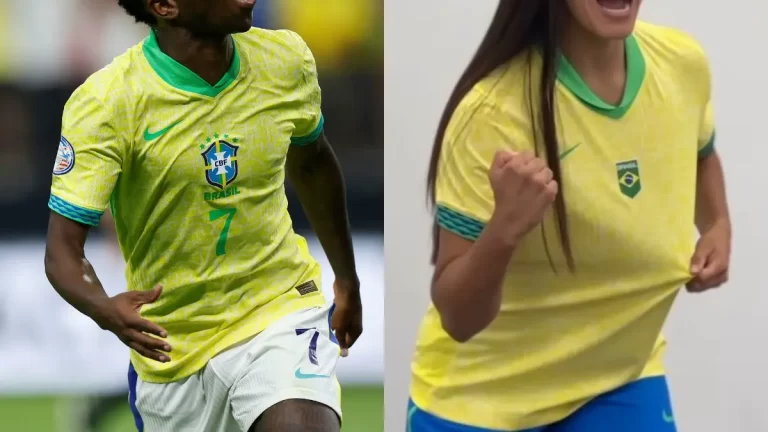 La camiseta actual de la Seleção de Brasil en la Copa América y la camiseta, filtrada por FH, que usará la Seleção Femenina en los JJOO