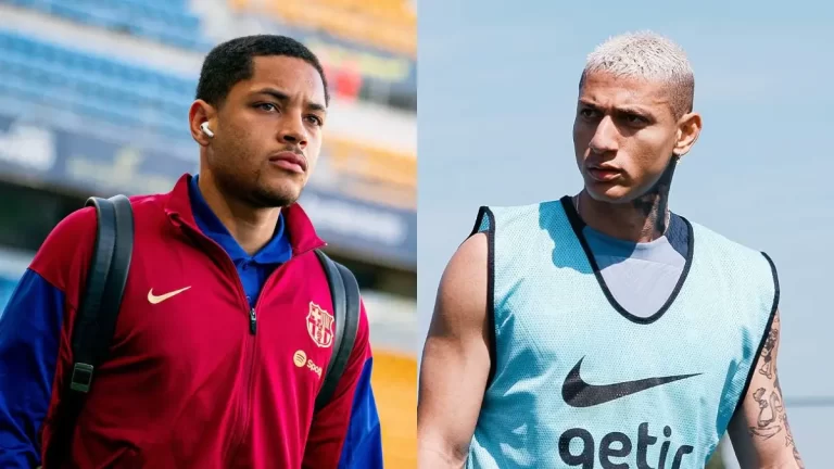 Vitor Roque y Richarlison, atacantes brasileños del FC Barcelona y Tottenham Hotspur, respectivamente