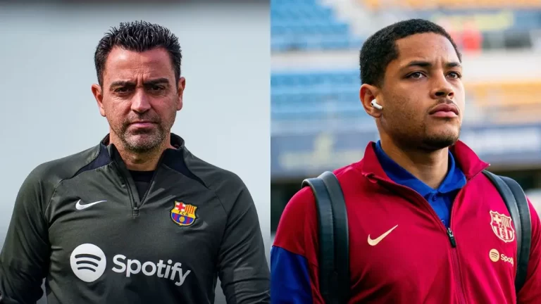 Xavi Hernández, entrenador catalán del FC Barcelona y Vitor Roque, atacante brasileño del cuadro blaugrana